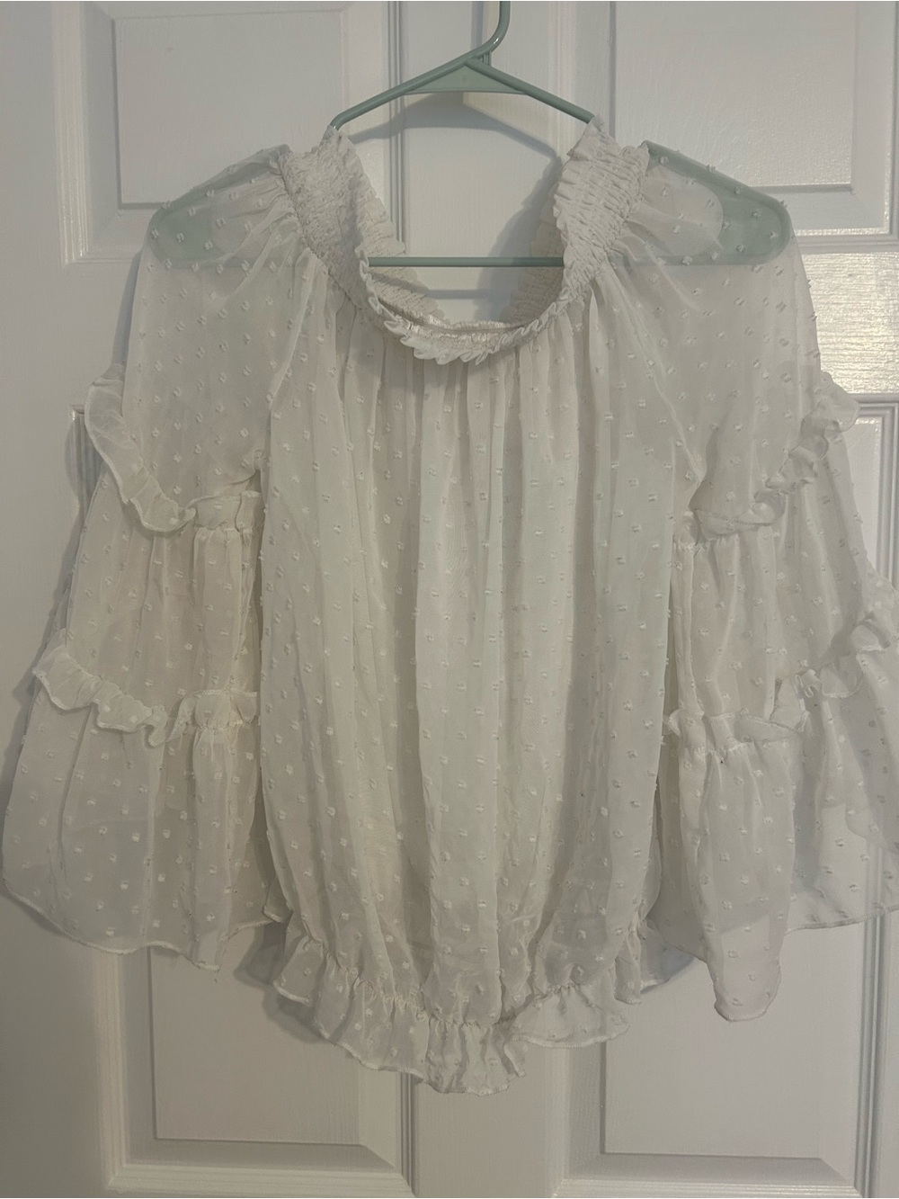 White Swiss Dot Peasant Top